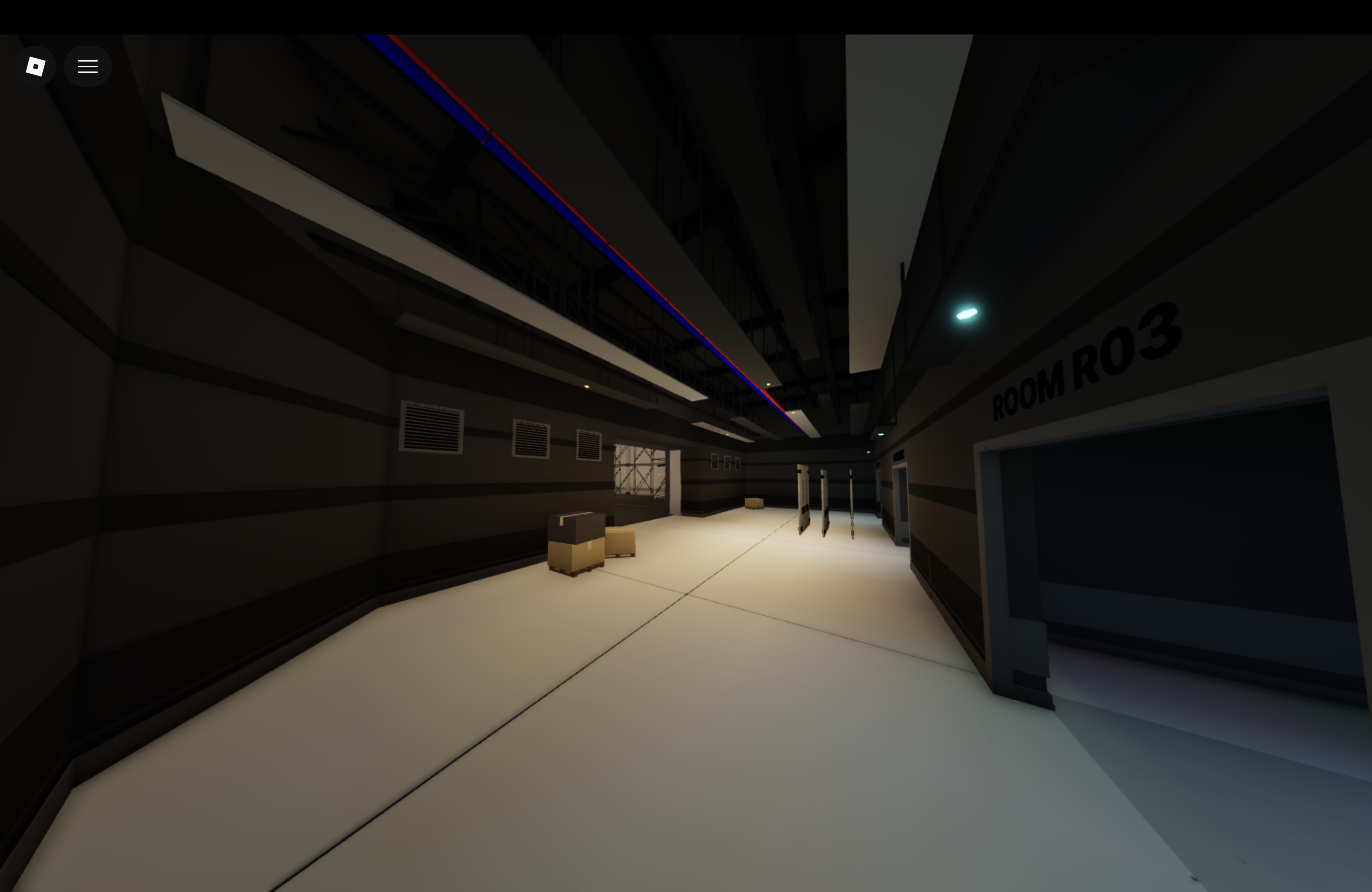 Site RECALL interior corridor with room doors and overhead pipes